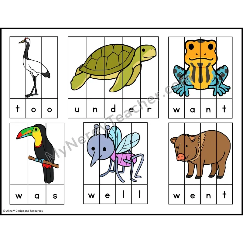 Sight Word Picture Puzzles — Zoo Animals — Kindergarten - too, under, want, was, well, went