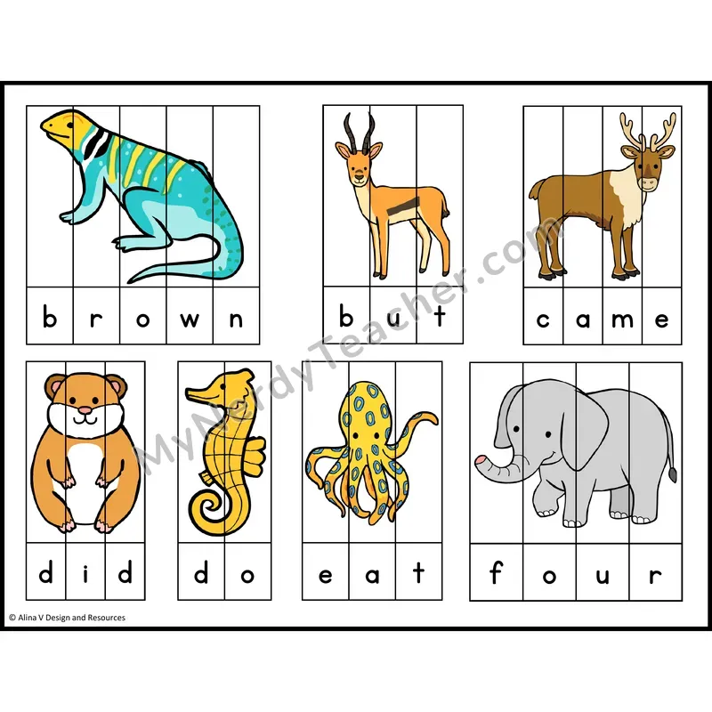 Sight Word Picture Puzzles — Zoo Animals — Kindergarten - brown, but, came, did, do, eat, four