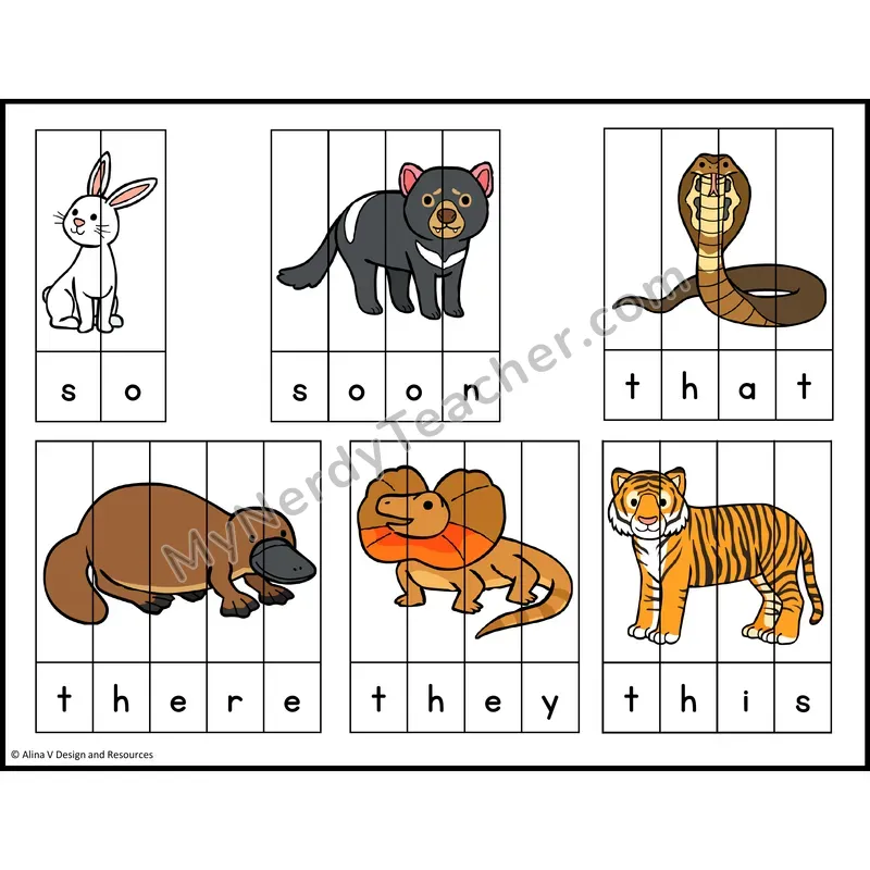 Sight Word Picture Puzzles — Zoo Animals — Kindergarten - so, soon, that, there, they, this