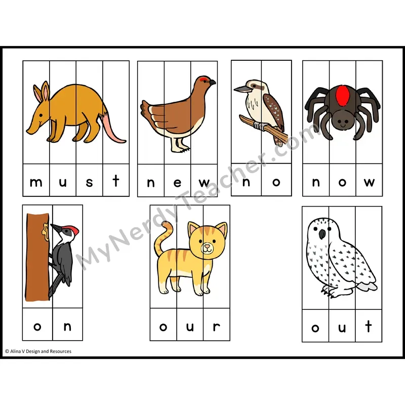 Sight Word Picture Puzzles — Zoo Animals — Kindergarten - must, new, no, now, on, our, out