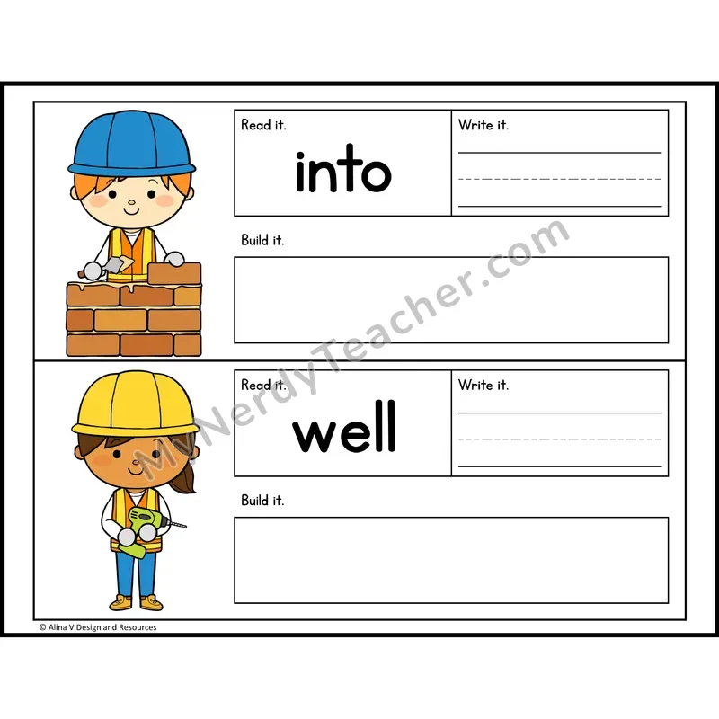 Read, Write, Build Sight Words — Construction Theme — Kindergarten - into, well