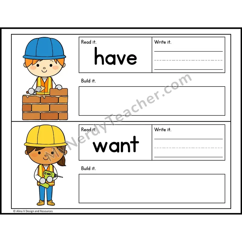 Read, Write, Build Sight Words — Construction Theme — Kindergarten - have, want