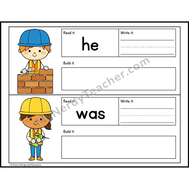 Read, Write, Build Sight Words — Construction Theme — Kindergarten - he, was