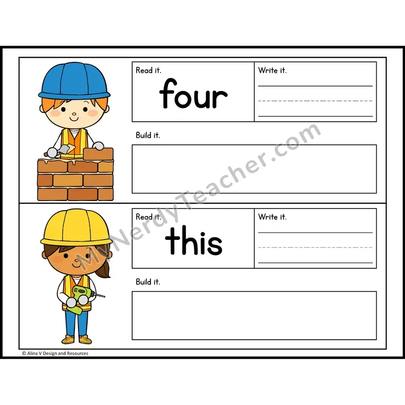 Read, Write, Build Sight Words — Construction Theme — Kindergarten - four, this
