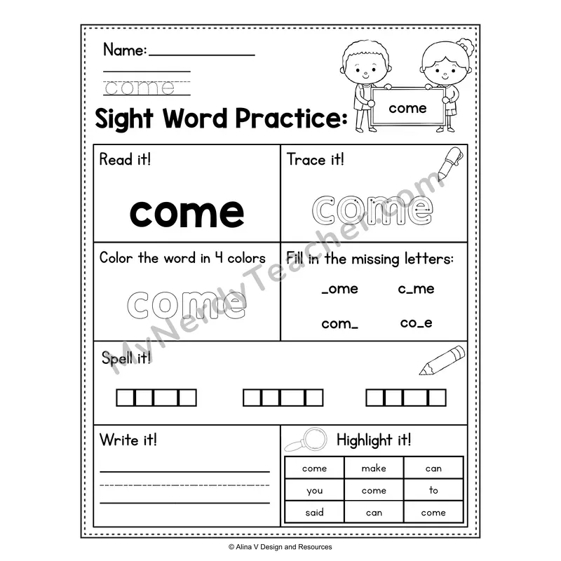 Sight Word Practice Worksheet — Preschool Practice Book Page - come