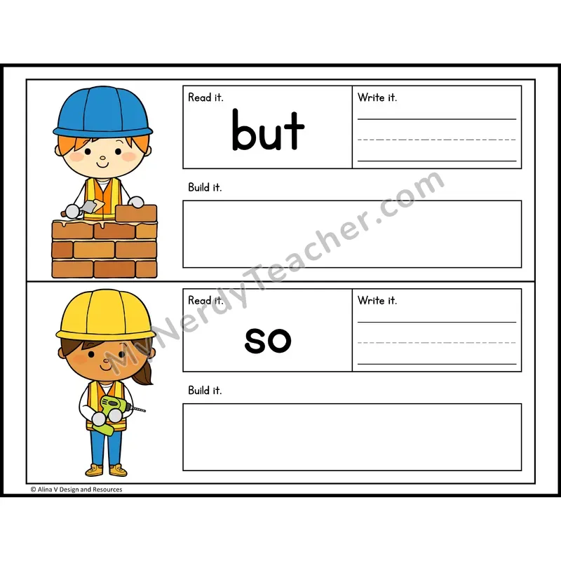 Read, Write, Build Sight Words — Construction Theme — Kindergarten - but, so