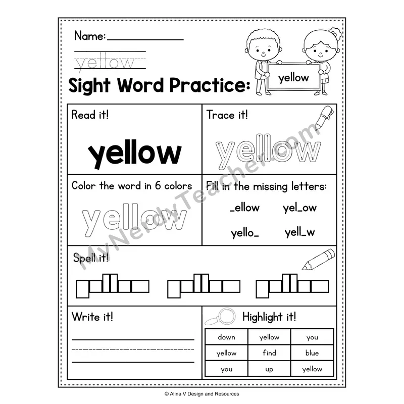 Sight Word Practice Worksheet — Preschool Practice Book - yellow