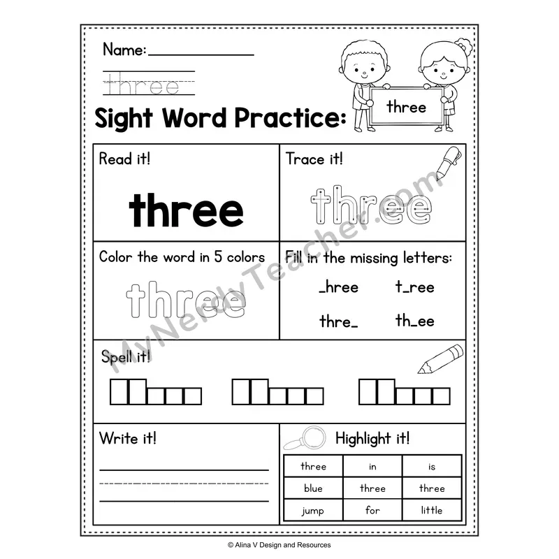 Sight Word Practice Worksheet — Preschool Practice Book - three