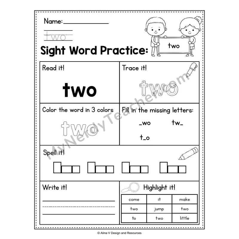Sight Word Practice Worksheet — Preschool Practice Book - two