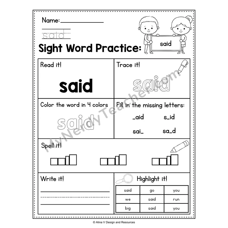 Sight Word Practice Worksheet — Preschool Practice Book - said