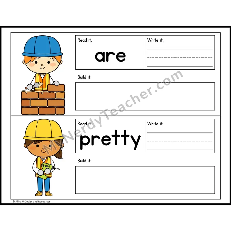 Read, Write, Build Sight Words — Construction Theme — Kindergarten - are