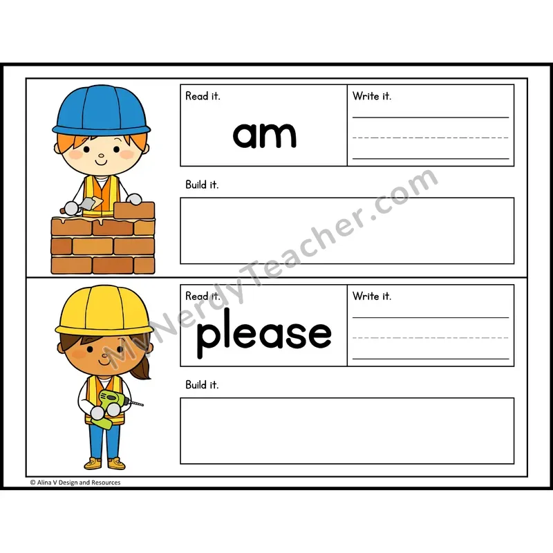 Read, Write, Build Sight Words — Construction Theme — Kindergarten - am, please