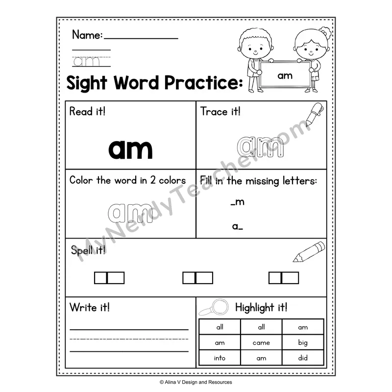 Sight Word Practice Worksheet — Kindergarten Practice Book - am