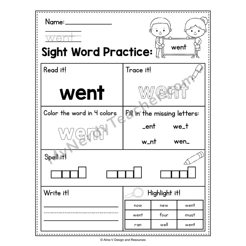 Sight Word Practice Worksheet — Kindergarten Practice Book - went