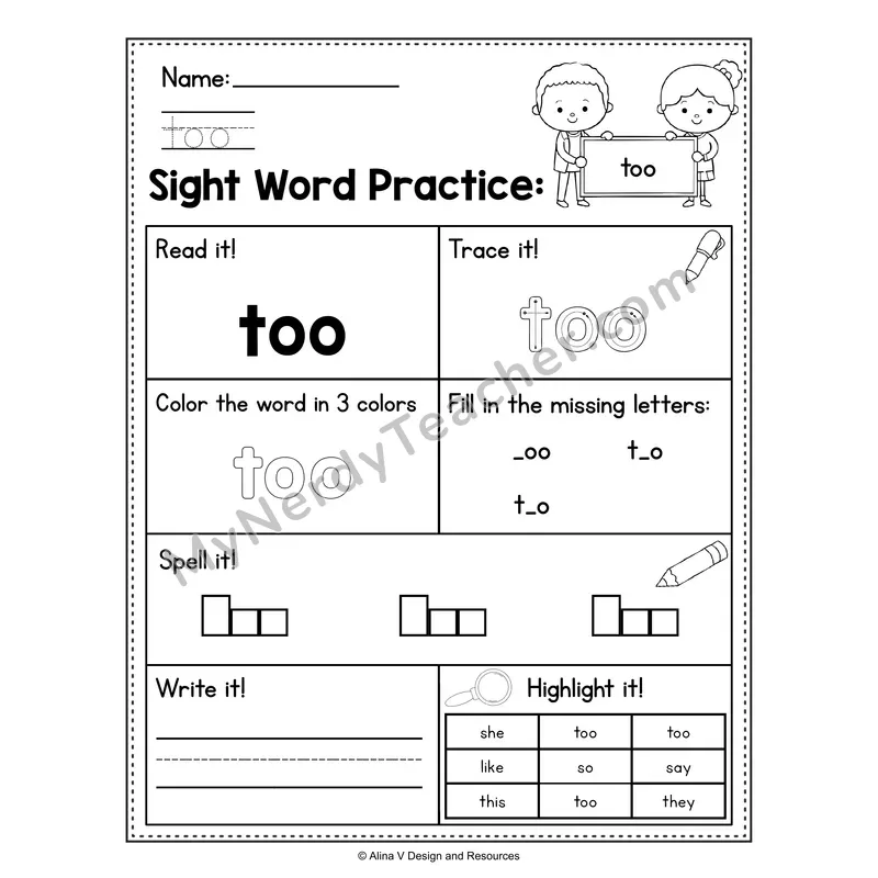 Sight Word Practice Worksheet — Kindergarten Practice Book - too