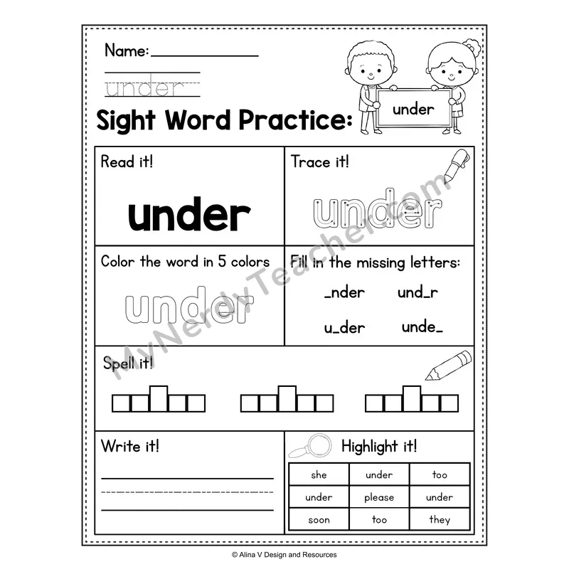 Sight Word Practice Worksheet — Kindergarten Practice Book - under