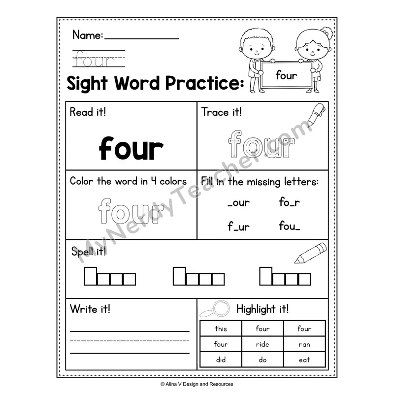 Sight Word Practice Worksheet — Kindergarten Practice Book - four