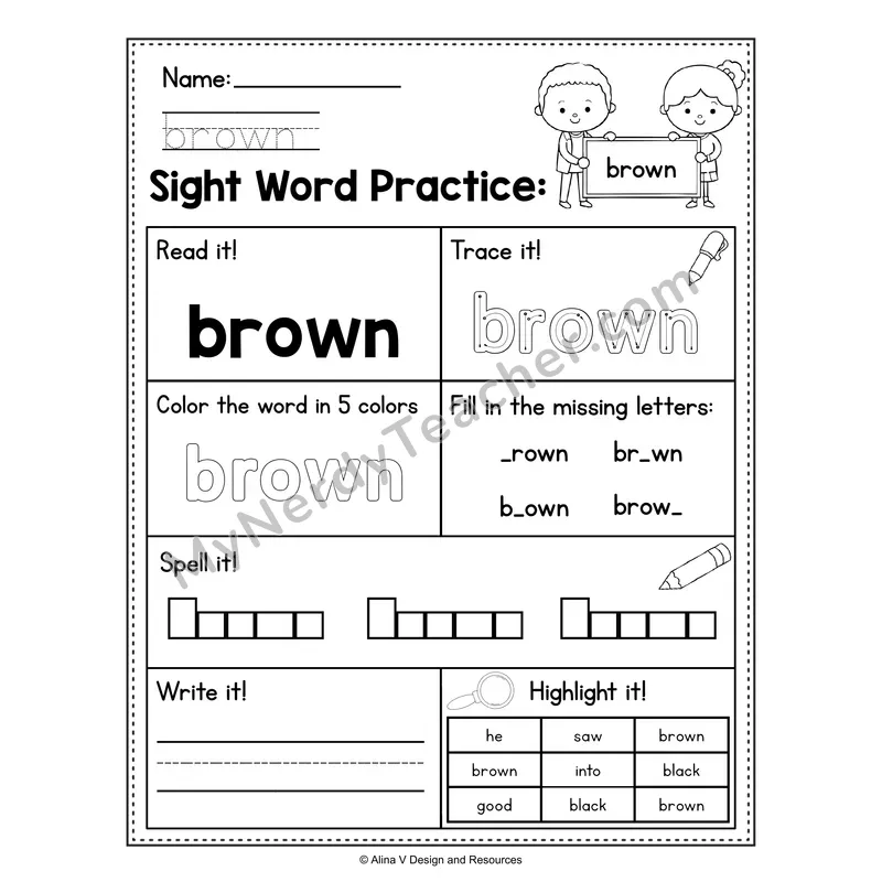 Sight Word Practice Worksheet — Kindergarten Practice Book - brown
