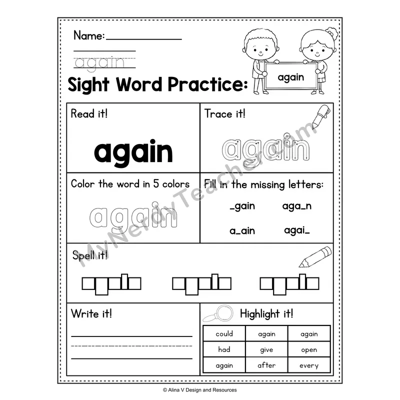 Sight Word Practice Worksheet — 1st Grade Practice Book - again