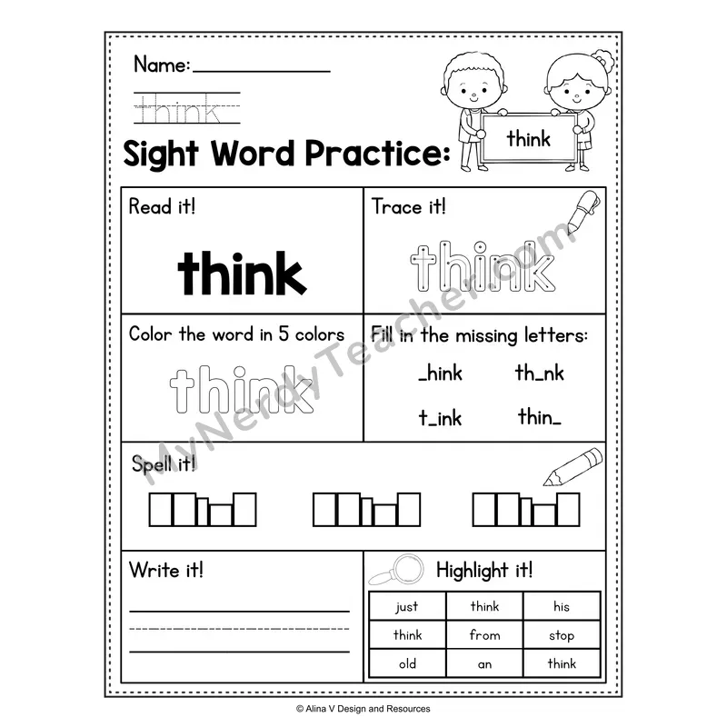 Sight Word Practice Worksheet — 1st Grade Practice Book - think