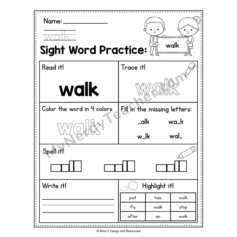 Sight Word Practice Worksheet — 1st Grade Practice Book - walk