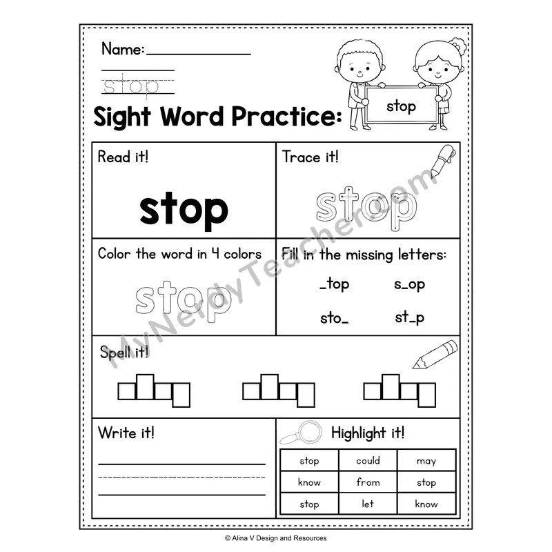 Sight Word Practice Worksheet — 1st Grade Practice Book - stop