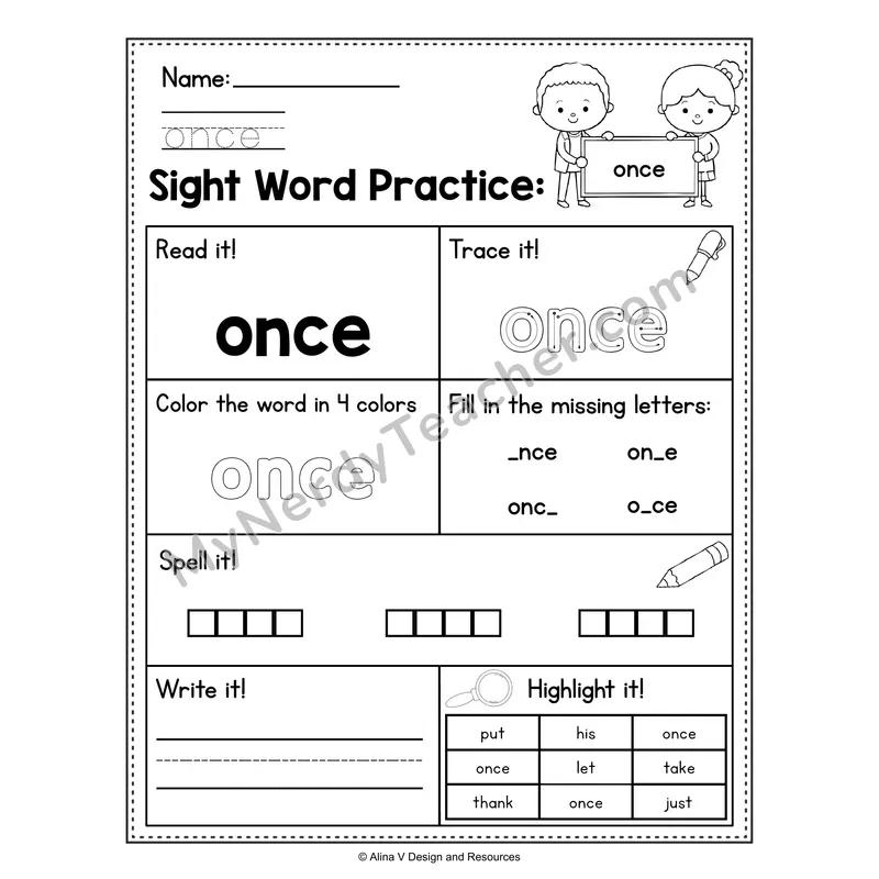 Sight Word Practice Worksheet — 1st Grade Practice Book - once