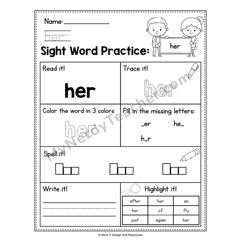 Sight Word Practice Worksheet — 1st Grade Practice Book - her