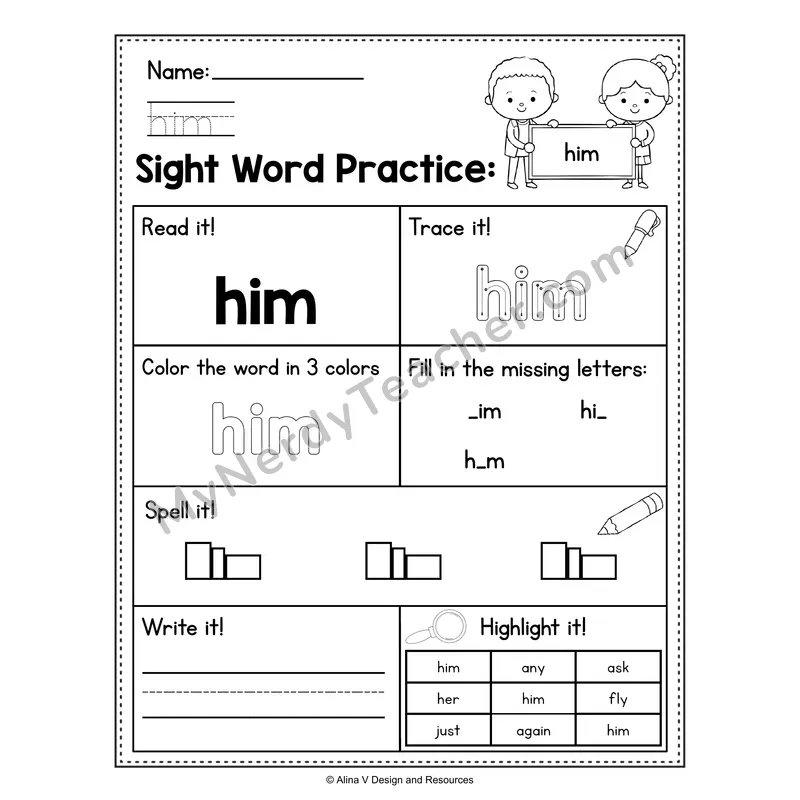 Sight Word Practice Worksheet — 1st Grade Practice Book - him