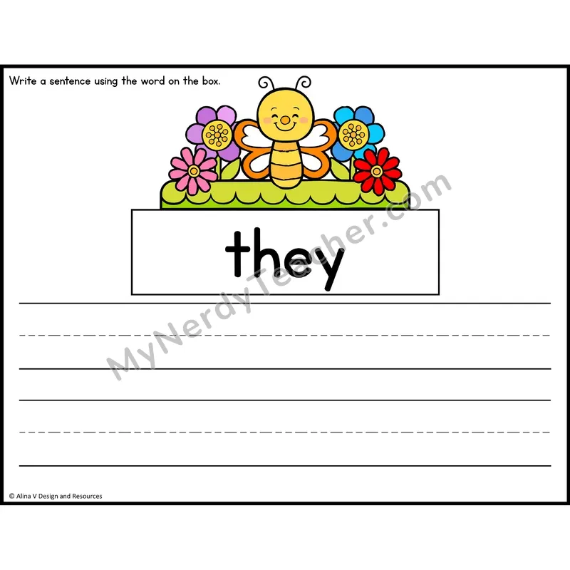 Sight Word Sentence Writing — Spring Theme — Kindergarten - they