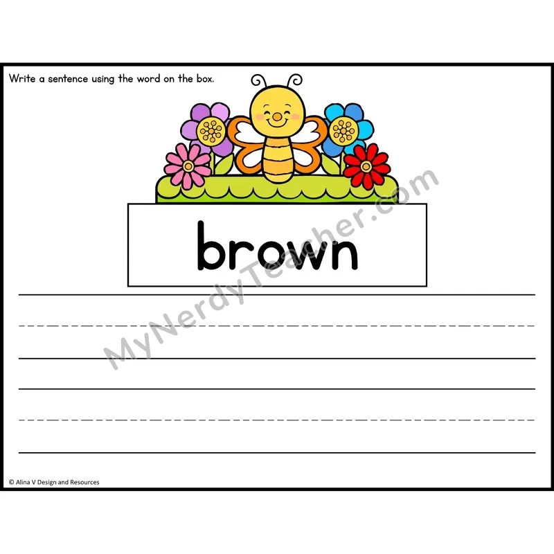 Sight Word Sentence Writing — Spring Theme — Kindergarten - brown