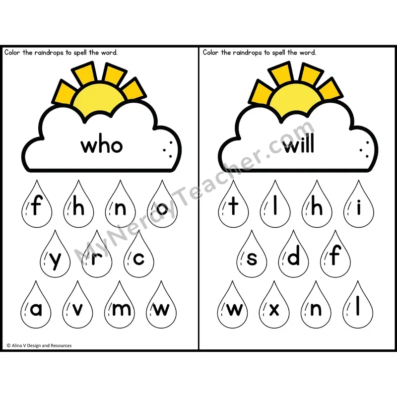 Sight Word Letter Identification — Weather Theme — Kindergarten - who, will