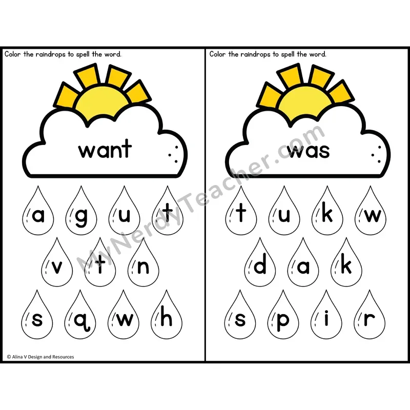 Sight Word Letter Identification — Weather Theme — Kindergarten - want, was