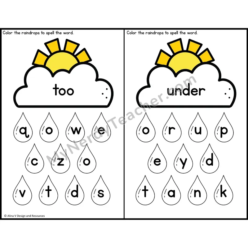Sight Word Letter Identification — Weather Theme — Kindergarten - too, under