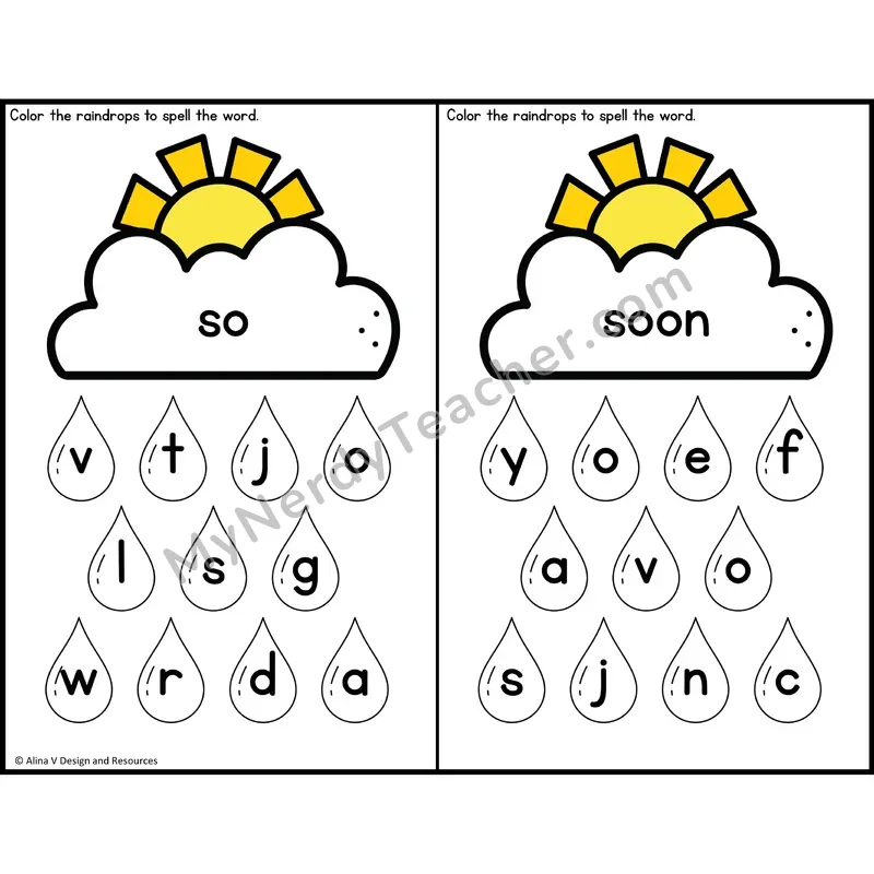 Sight Word Letter Identification — Weather Theme — Kindergarten - so, soon