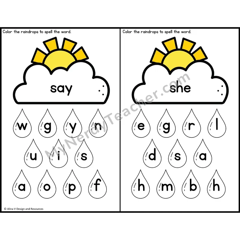 Sight Word Letter Identification — Weather Theme — Kindergarten - say, she