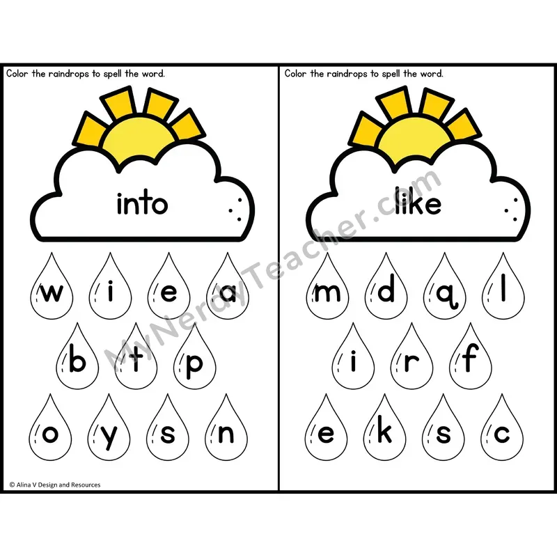 Sight Word Letter Identification — Weather Theme — Kindergarten - into, like