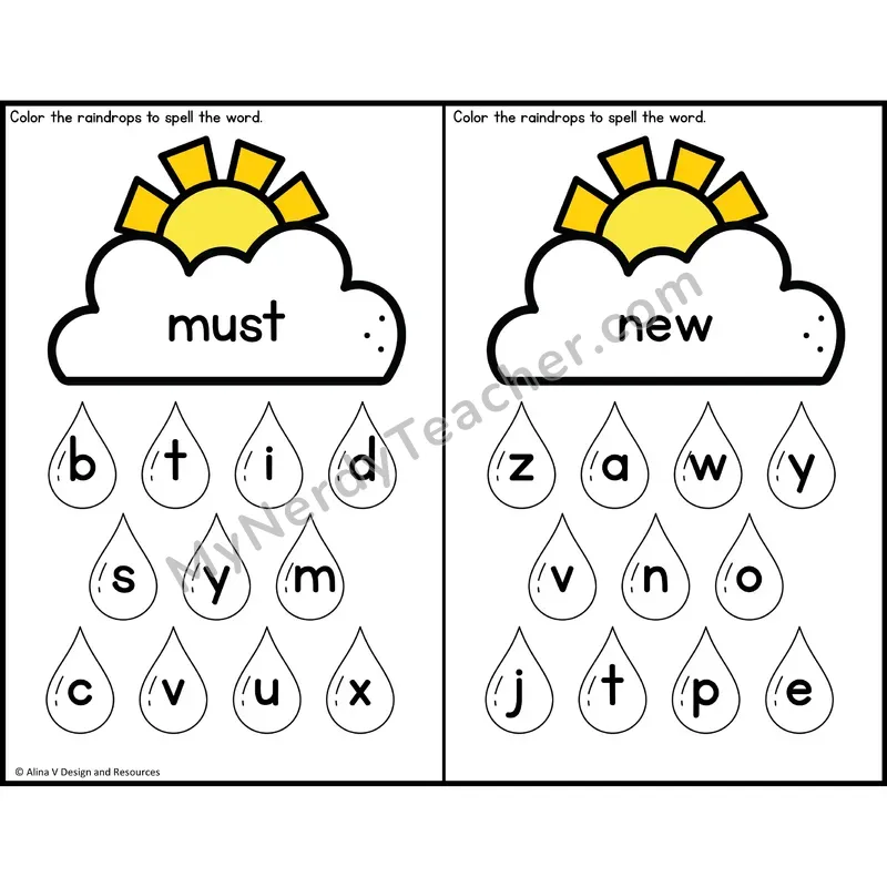 Sight Word Letter Identification — Weather Theme — Kindergarten - must, new
