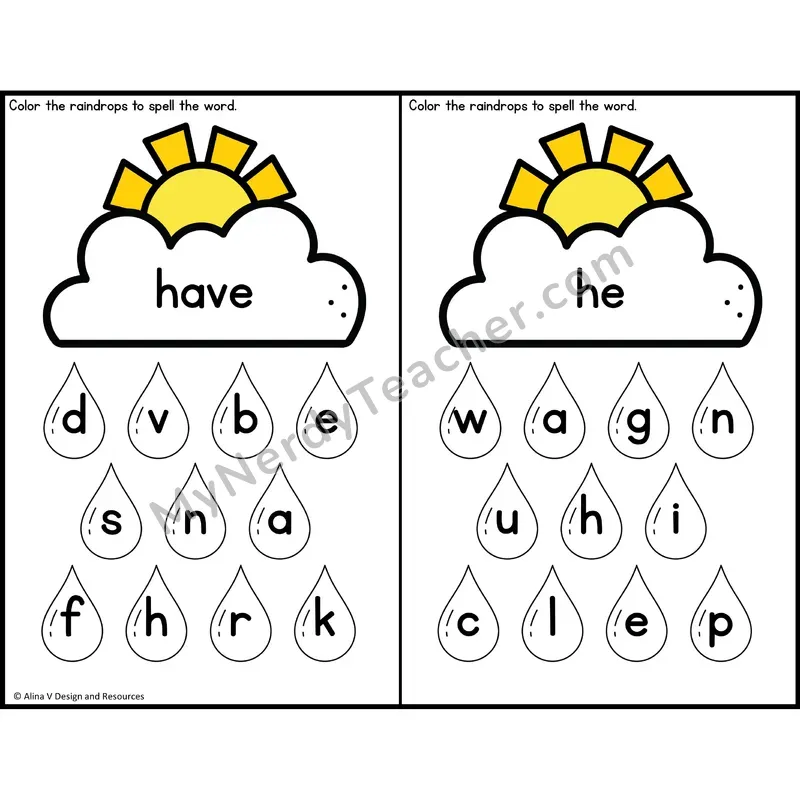 Sight Word Letter Identification — Weather Theme — Kindergarten - have, he