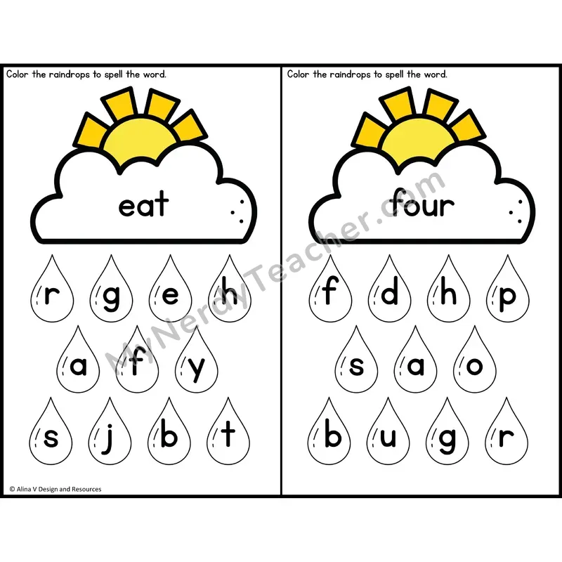 Sight Word Letter Identification — Weather Theme — Kindergarten - eat, four