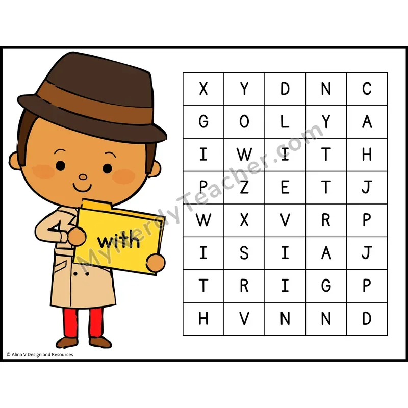 Sight Word Search — Detective Theme — Kindergarten - with