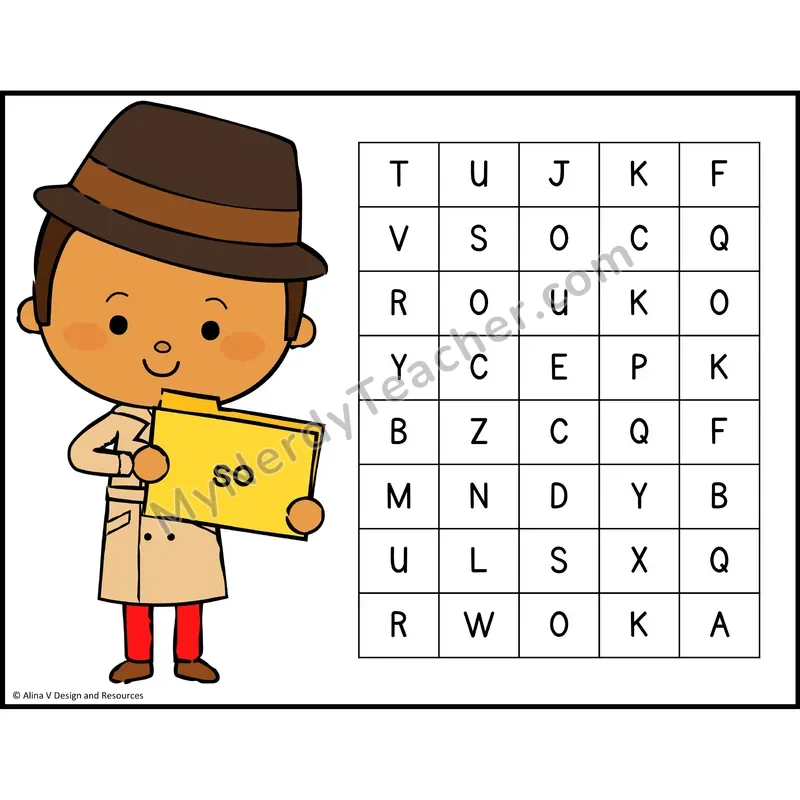 Sight Word Search — Detective Theme — Kindergarten - so