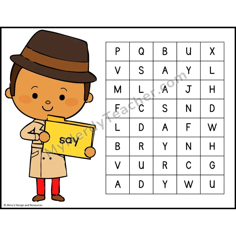 Sight Word Search — Detective Theme — Kindergarten - say