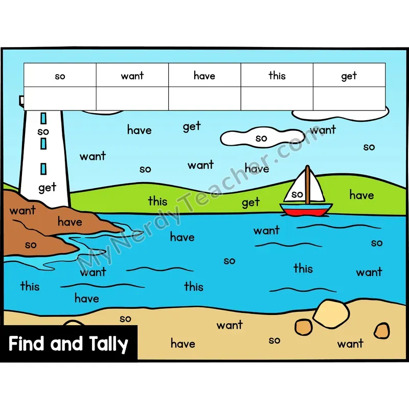 Find and Tally Sight Words — Kindergarten — Ocean - so, want, have, this, get