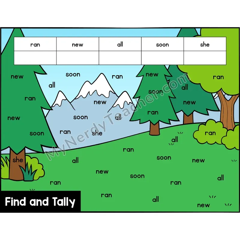 Find and Tally Sight Words — Kindergarten - ran, new, all, soon, she