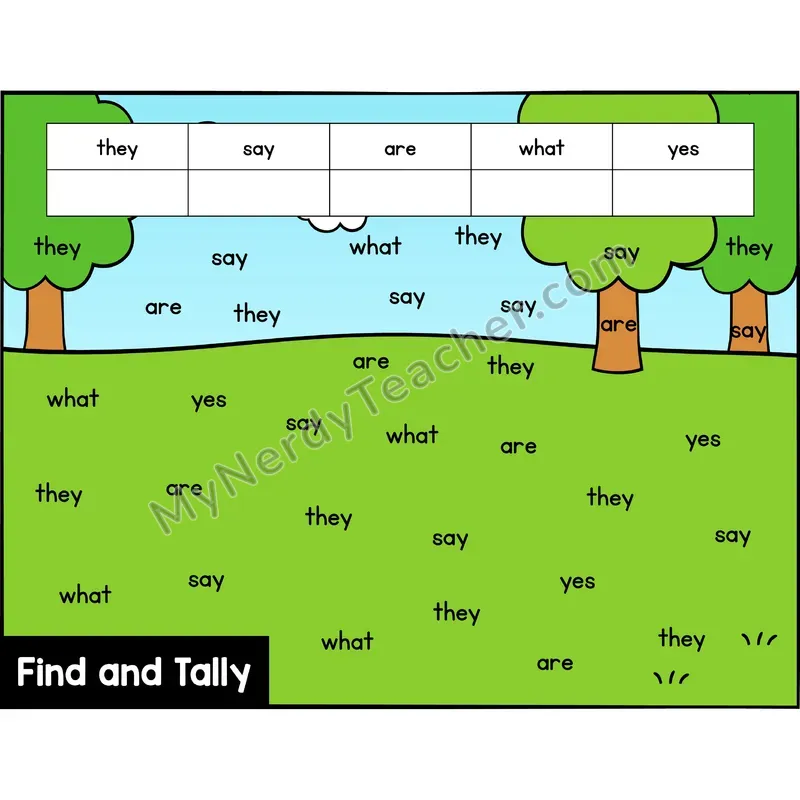 Find and Tally Sight Words — Kindergarten — Spring - they, say, are, what, yes