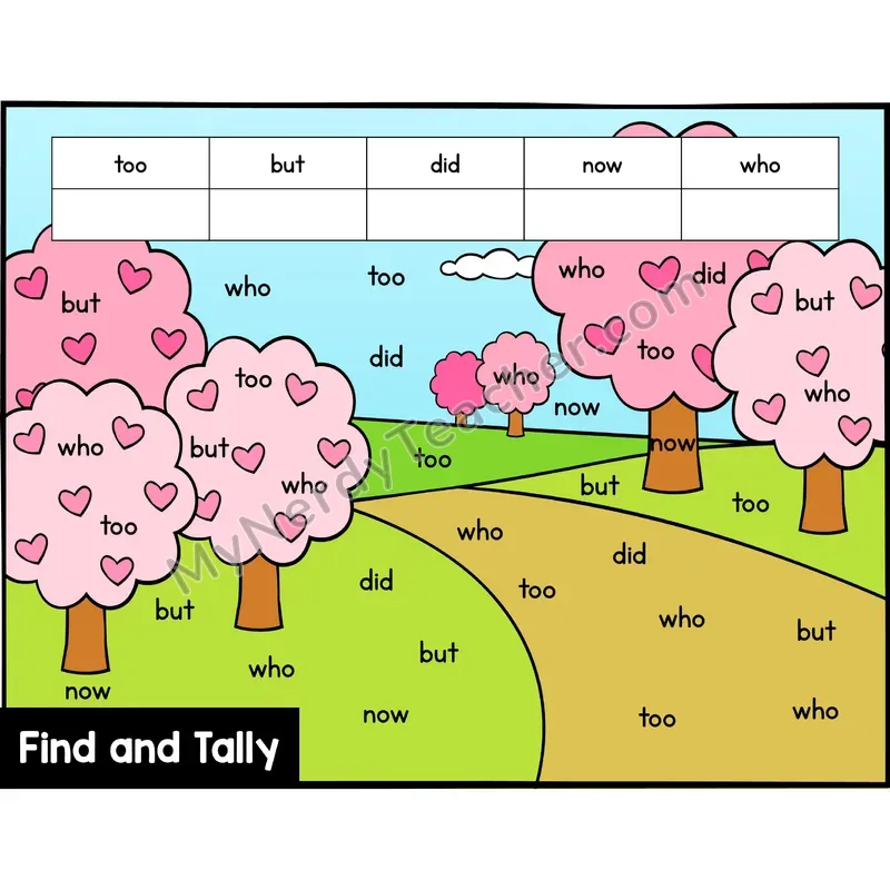 Find and Tally Sight Words — Kindergarten — Valentine's Day - too, but, did, now, who