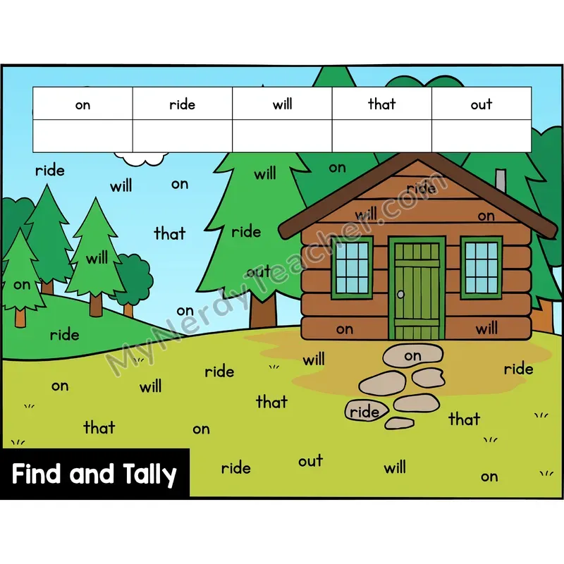 Find and Tally Sight Words — Kindergarten — Camping - on, ride, will, that, out