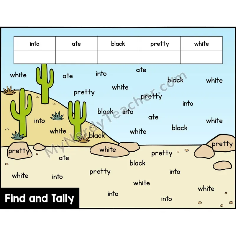 Find and Tally Sight Words — Kindergarten — Western - into, ate, black, pretty, white
