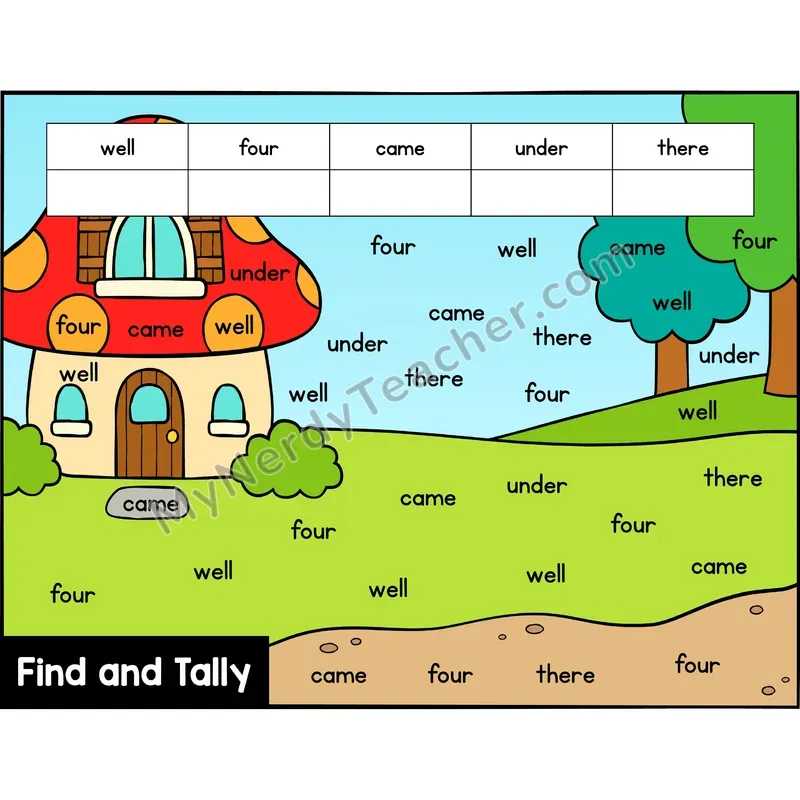 Find and Tally Sight Words — Kindergarten — Fairytale - well, four, came, under, there